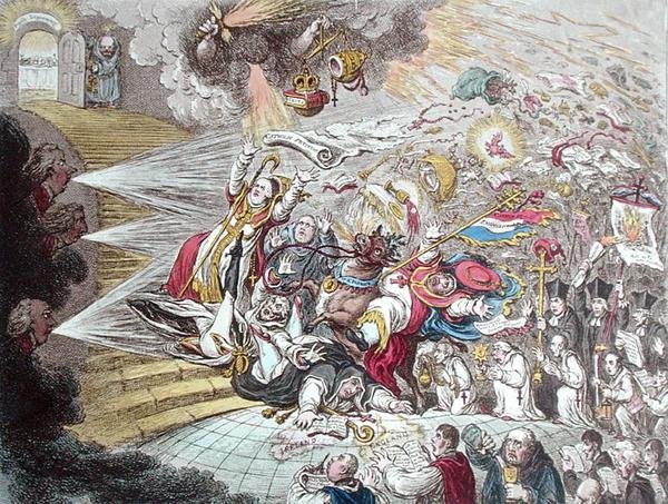 Koniec irlandzkiej farsy o katolickiej emancypacji, wydanej przez Hannah Humphrey w 1805 roku (akwaforta ręcznie kolorowana) autorstwa James Gillray