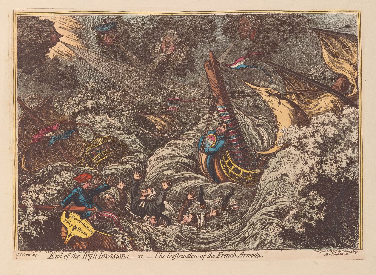 Koniec inwazji irlandzkiej lub zniszczenie francuskiej Armady, wyd. 1797 (grawerowanie ręcznie kolorowane) autorstwa James Gillray