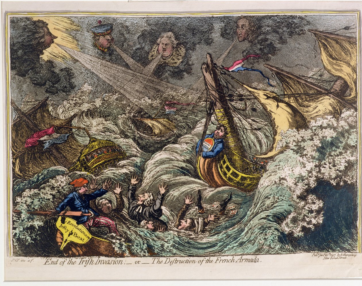 End of the Irish Invasion lub The Destruction of the French Armada, wydana przez Hannah Humphrey w 1797 r. (akwaforta i akwatinta ręcznie kolorowana) autorstwa James Gillray
