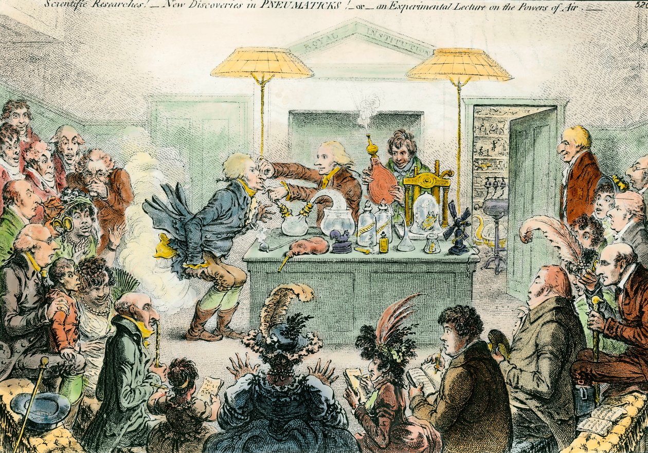 Angielska satyra na naukę: nowe odkrycia w materiałach pneumatycznych. Satyryczny czerpiący z entuzjazmu dla konferencji naukowych w XIX wieku. Grawerowanie Jamesa Gillraya (1757-1815) autorstwa James Gillray