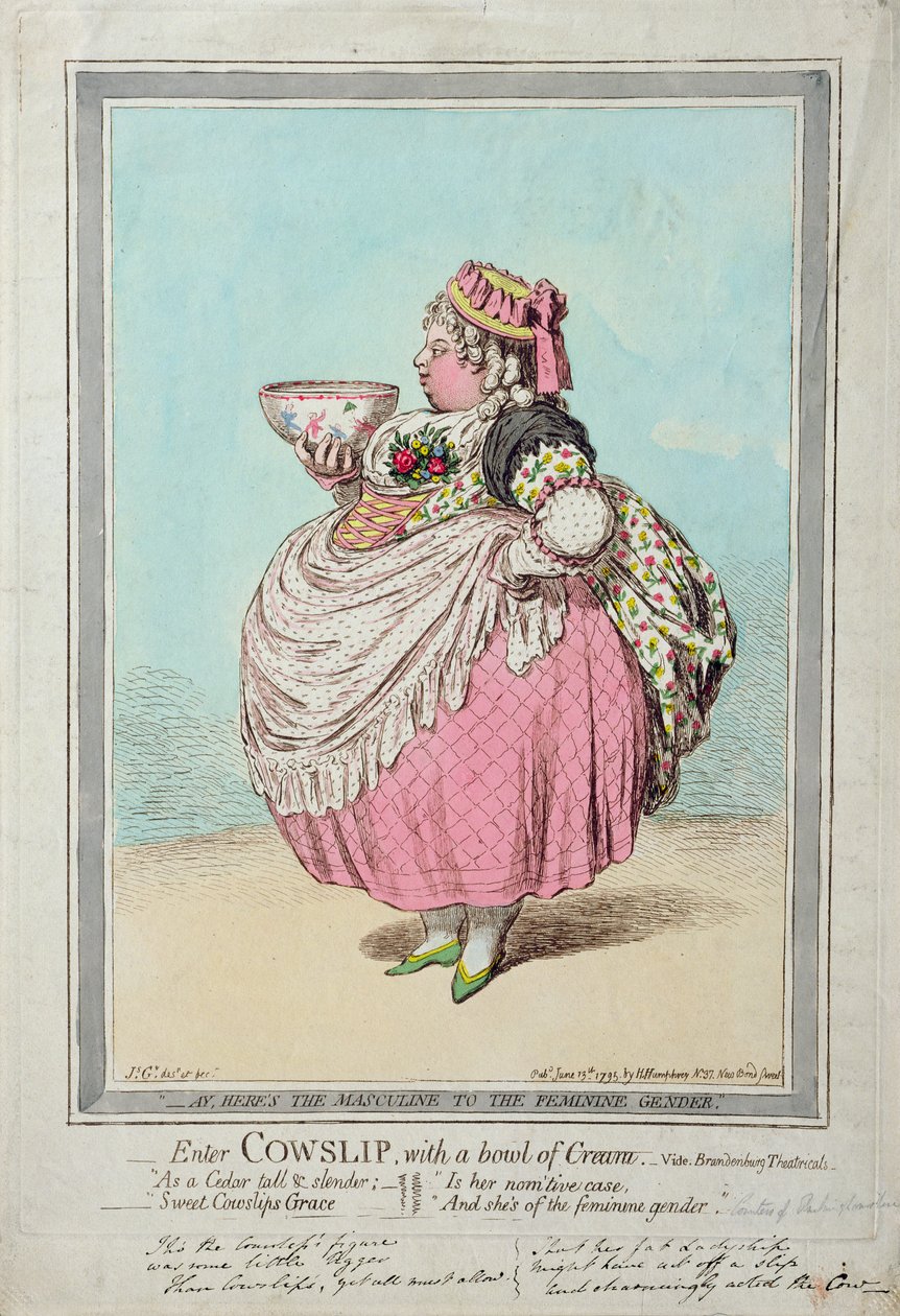 Enter Cowslip, z miską śmietany, opublikowany przez Hannah Humphrey w 1795 r. (akwaforta ręcznie kolorowana) autorstwa James Gillray