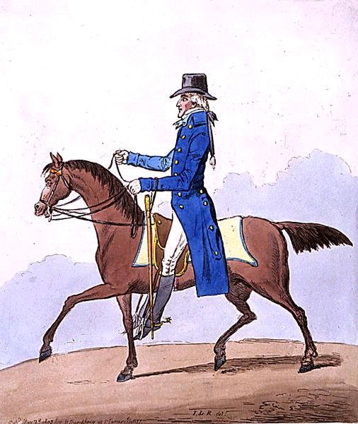 Equestrian Elegance, czyli Szlachetny Szkot, metamorfoza, wydana przez Hannah Humphrey w 1803 r. (akwaforta ręcznie kolorowana) autorstwa James Gillray