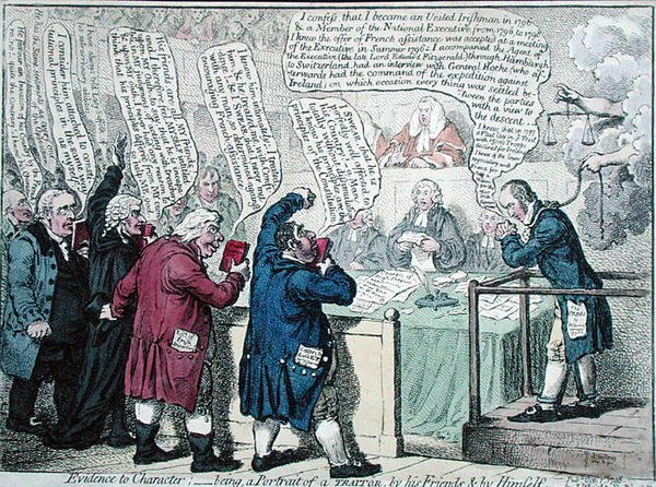 Dowód na charakter: bycie, portret zdrajcy, jego przyjaciół i samego siebie, opublikowany przez J. Wrighta dla „Anti-Jacobin Review” w 1798 r. (akwaforta ręcznie kolorowana) autorstwa James Gillray