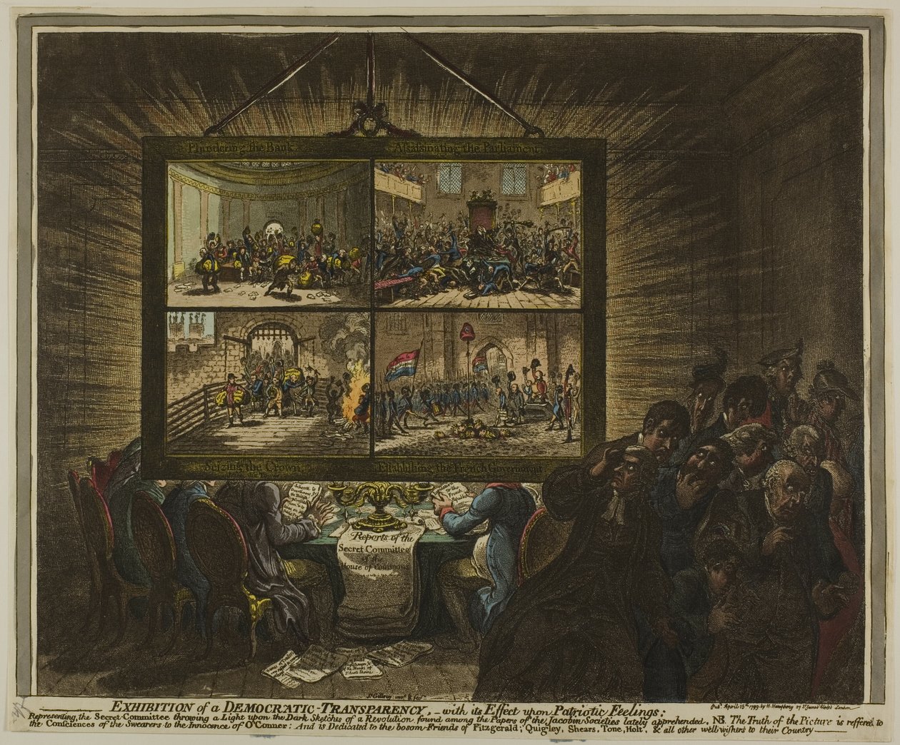 Wystawa demokratycznej przejrzystości, która ma wpływ na uczucia patriotyczne autorstwa James Gillray