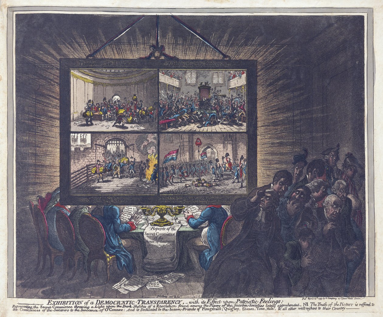 Wystawa Przejrzystości Demokratycznej z jej wpływem na uczucia patriotyczne, wyd. 1799 (ręcznie kolorowane grawerowanie) autorstwa James Gillray