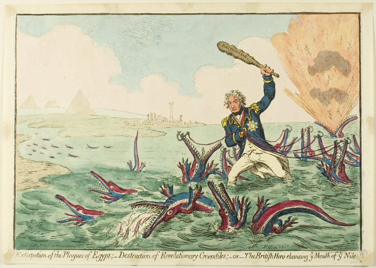 Eksterminacja plag egipskich; zniszczenie krokodyli rewolucyjnych autorstwa James Gillray