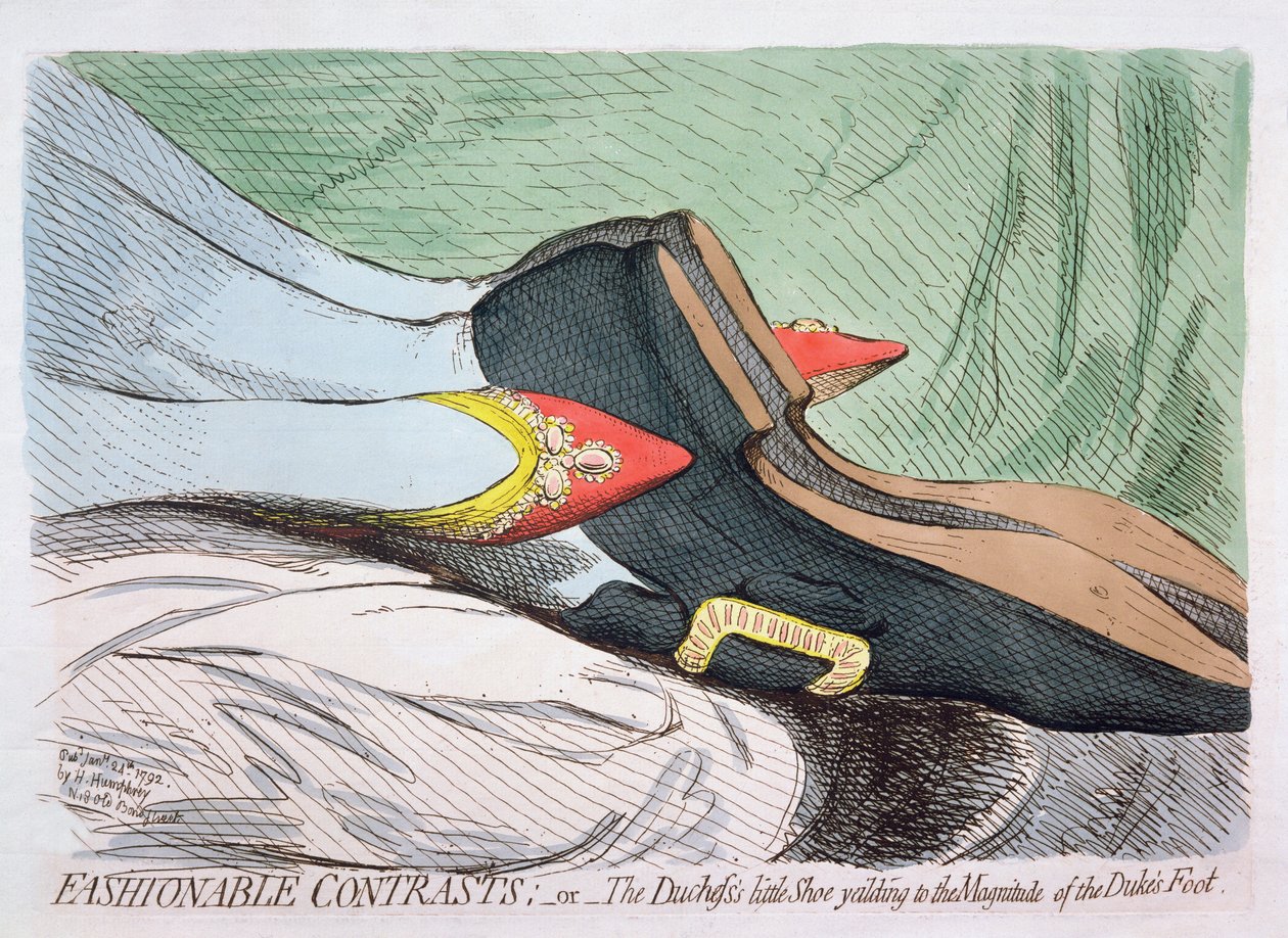 Modne kontrasty, czyli bucik księżnej ustępujący wielkości książęcej stopy, wyd. Hannah Humphrey w 1792 r. (akwaforta z wc) autorstwa James Gillray