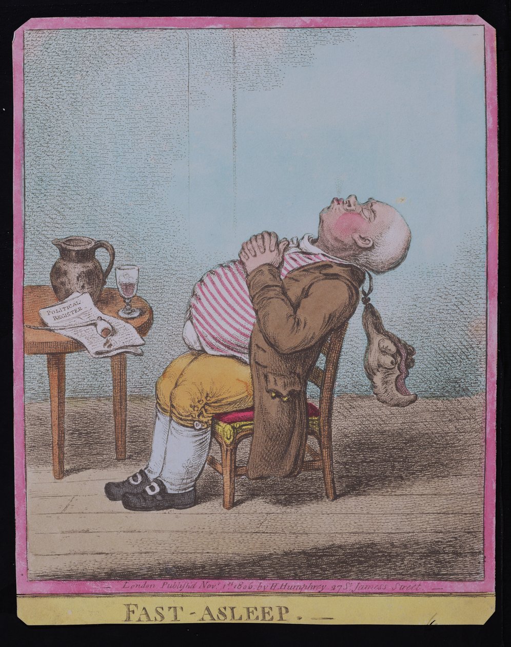 Fast Asleep, opublikowana przez Hannah Humphrey w 1806 r. (akwaforta ręcznie kolorowana) (patrz także 189789) autorstwa James Gillray