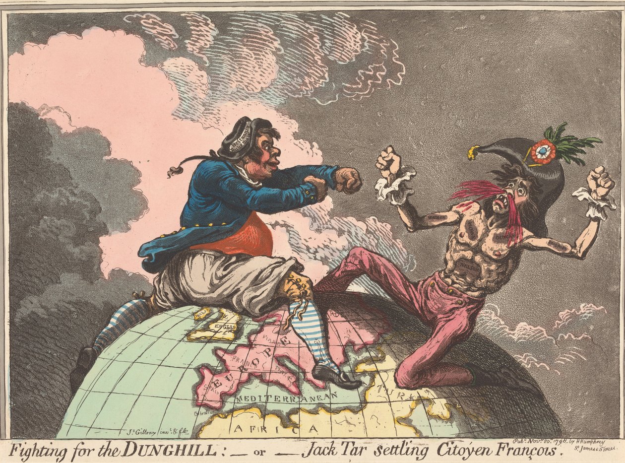 Walka o Dunghill, – czyli – Marynarz osiedla się u obywatela François (z: „Karykatura”, tom 1) autorstwa James Gillray