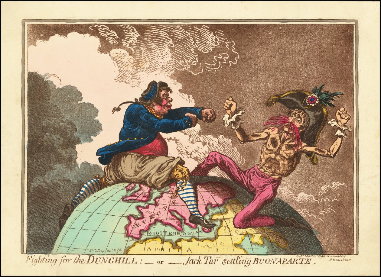 Walka o Dunghill - lub - Jack Tar osadza Buonapartego autorstwa James Gillray
