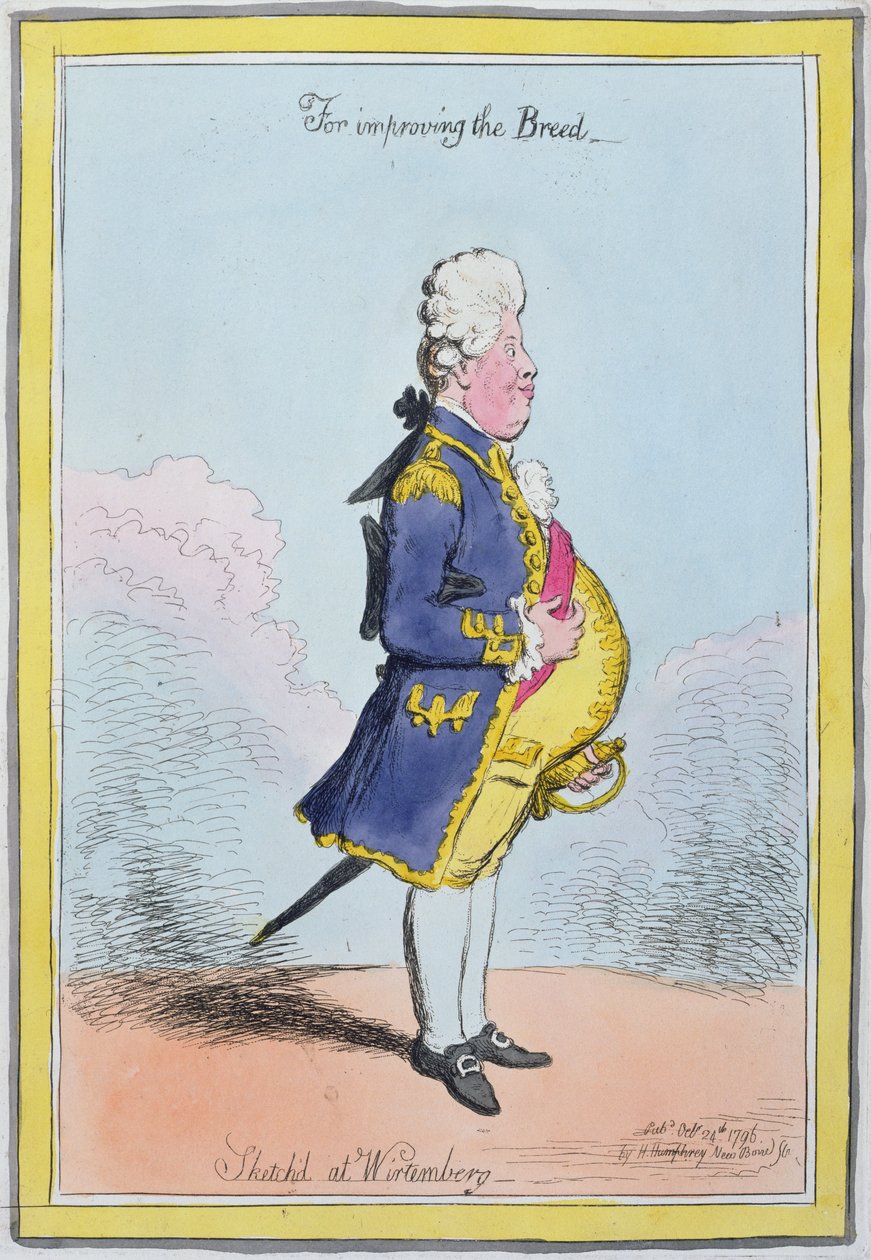 Dla ulepszenia rasy, naszkicowane w Wirtembergii, opublikowane przez Hannah Humphrey w 1796 r. (akwaforta ręcznie kolorowana) autorstwa James Gillray