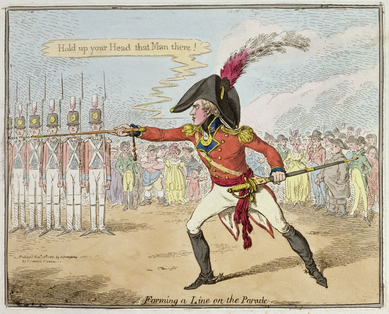 Forming a Line on the Parade, wydana przez Hannah Humphrey w 1801 r. (akwaforta ręcznie kolorowana) autorstwa James Gillray