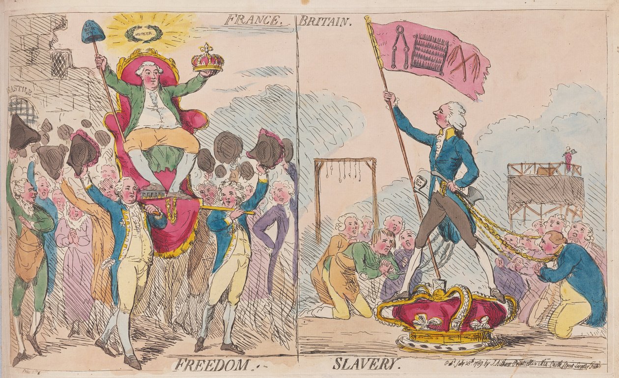 Francja Wolność, Wielka Brytania Niewolnictwo, wyd. 1789 (rycina ręcznie kolorowana) autorstwa James Gillray