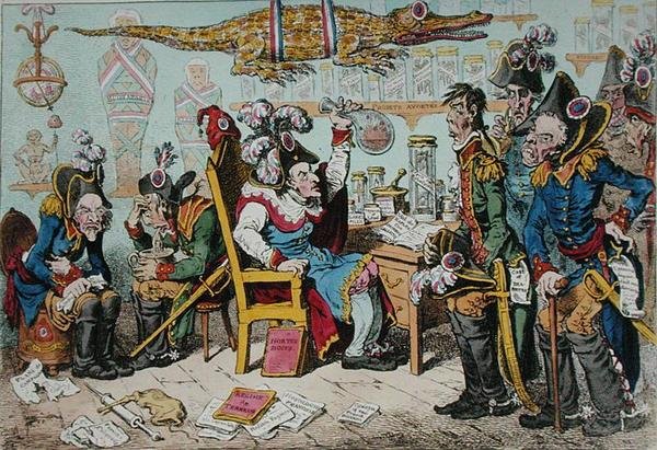 Generałowie francuscy odchodzą na emeryturę ze względu na stan zdrowia, a Lepaux przewodniczy Dyspensatorium Dyrektorów, opublikowana przez Hannah Humphrey w 1799 r. (akwaforta ręcznie kolorowana) autorstwa James Gillray