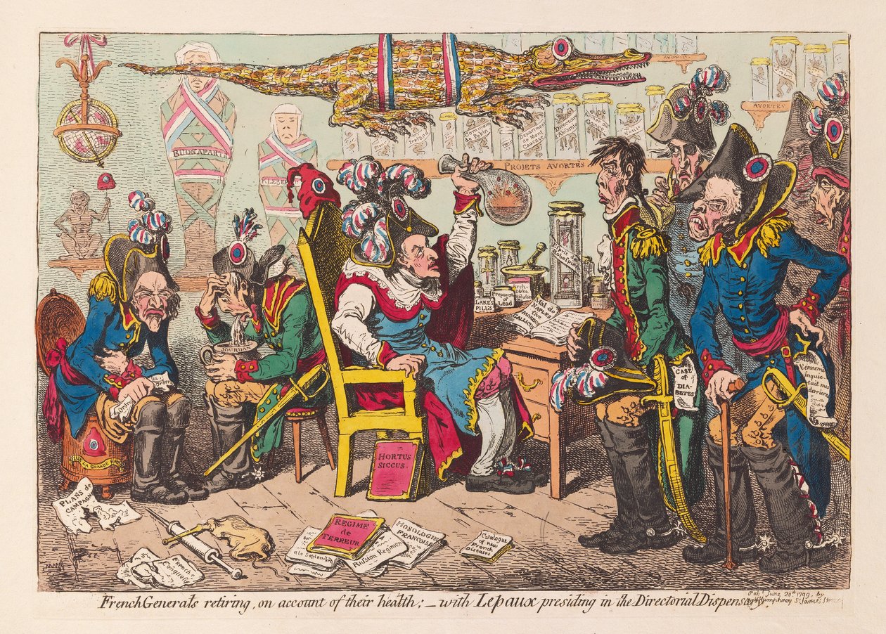 Generałowie francuscy odchodzą w stan spoczynku ze względu na stan zdrowia: - z Lepaux przewodniczy w Dyspenserii Dyrektorialnej, wyd. 1799 (ręcznie kolorowane grawerowanie) autorstwa James Gillray