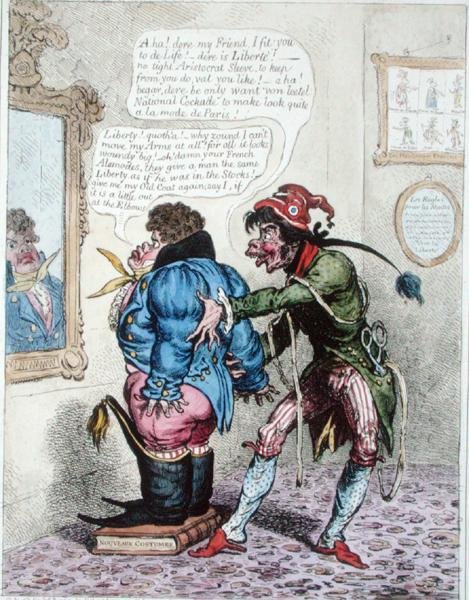 Francuski Taylor dopasowujący Johna Bulla do „Jean de Bry”, opublikowany przez Hannah Humphrey w 1799 r. (akwaforta ręcznie kolorowana) autorstwa James Gillray