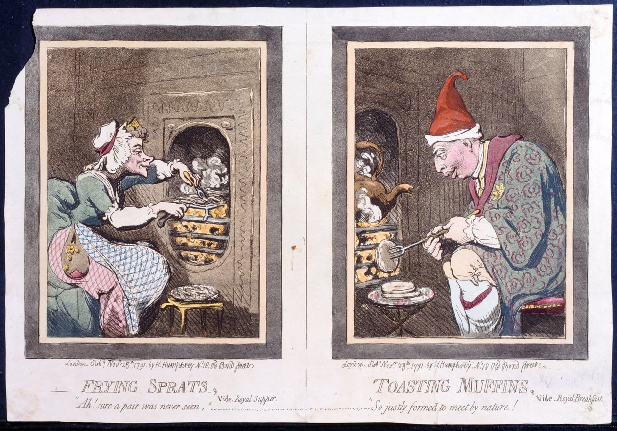 Frying Sprats, or Royal Supper, and Toasting Muffins, or Royal Breakfast, wydana przez Hannah Humphrey w 1791 roku (akwaforta ręcznie kolorowana) autorstwa James Gillray