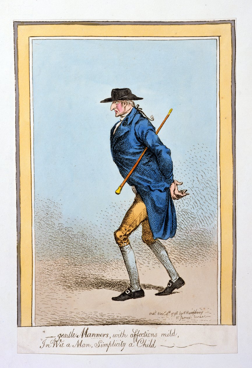 „Łagodne maniery, z uczuciami łagodnymi, w Wit a Man, Simplicity a Child”, opublikowanej przez Hannah Humphrey w 1798 r. (akwaforta ręcznie kolorowana) autorstwa James Gillray