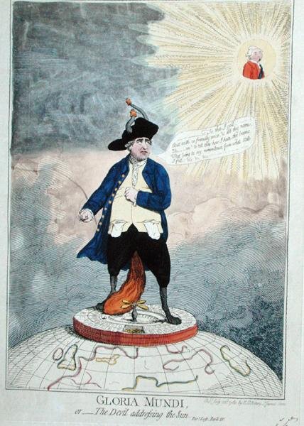 Gloria Mundi, czyli Diabeł przemawiający do słońca, wydana przez Williama Humphreya w 1782 r. (rycina ręcznie kolorowana) autorstwa James Gillray