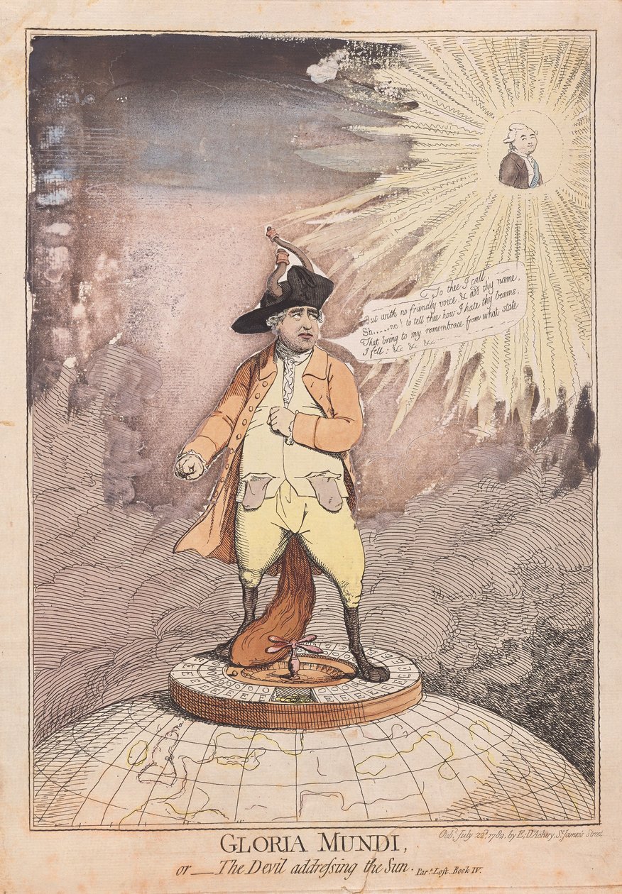 Gloria Mundi, czyli Diabeł przemawiający do Słońca, wyd. 1782 (grawerowanie ręcznie kolorowane) autorstwa James Gillray