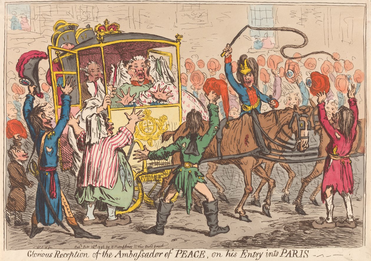 Wspaniałe przyjęcie ambasadora pokoju podczas jego wjazdu do Paryża autorstwa James Gillray