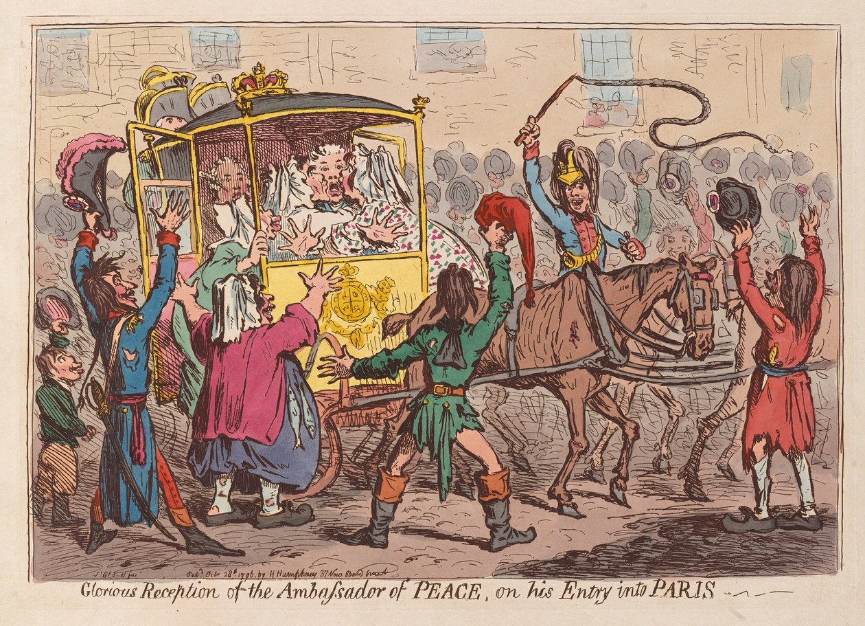 Chwalebne przyjęcie Ambasadora Pokoju po jego wjeździe do Paryża, wyd. 1796 (grawerowanie ręcznie kolorowane) autorstwa James Gillray
