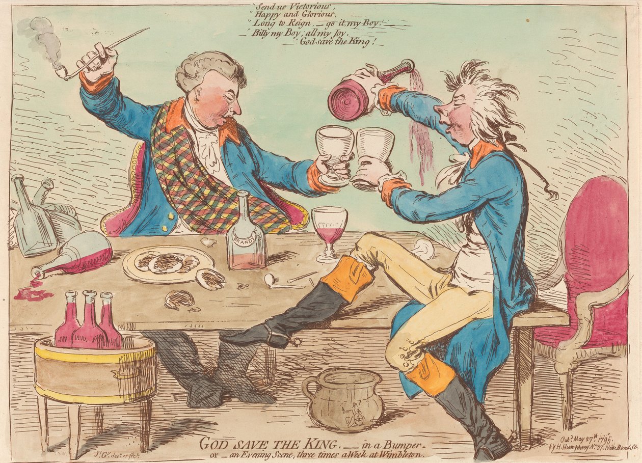 Boże, chroń króla. – W zderzaku. Albo – Scena wieczorna trzy razy w tygodniu w Wimbledonie autorstwa James Gillray