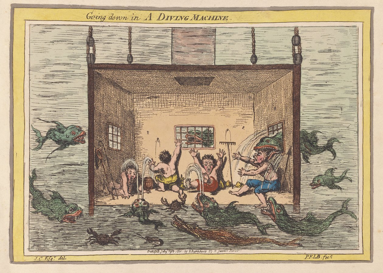 Zejście w maszynie do nurkowania, pub 1801 (ręcznie barwiony grawerunek) autorstwa James Gillray