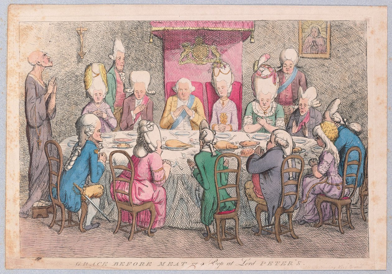 Grace before Meat or a Peep at Lord Peters, wyd. 1779 (ręcznie kolorowane grawerowanie) autorstwa James Gillray
