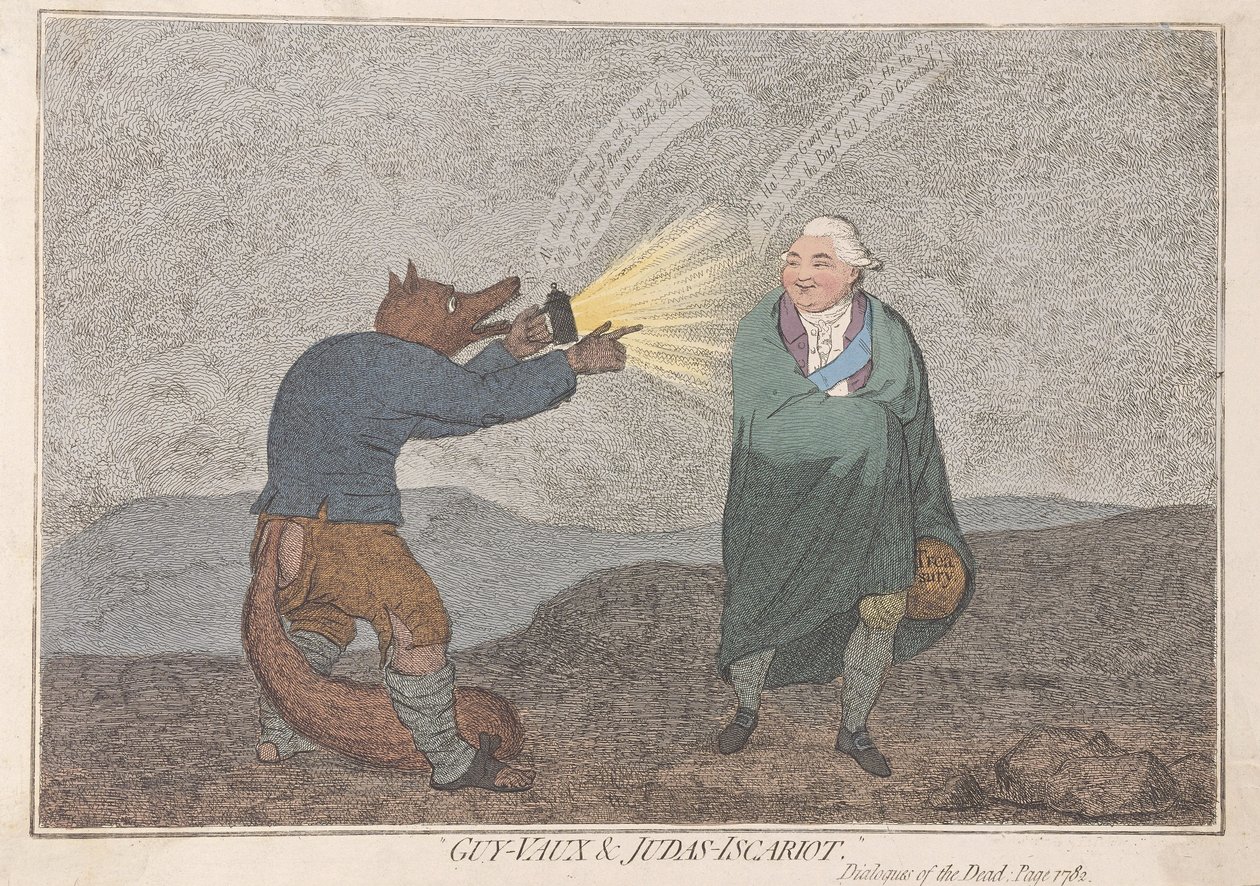 Guy-Vaux i Judasz-Iskariota, wyd. 1782 (grawerowanie ręcznie kolorowane) autorstwa James Gillray