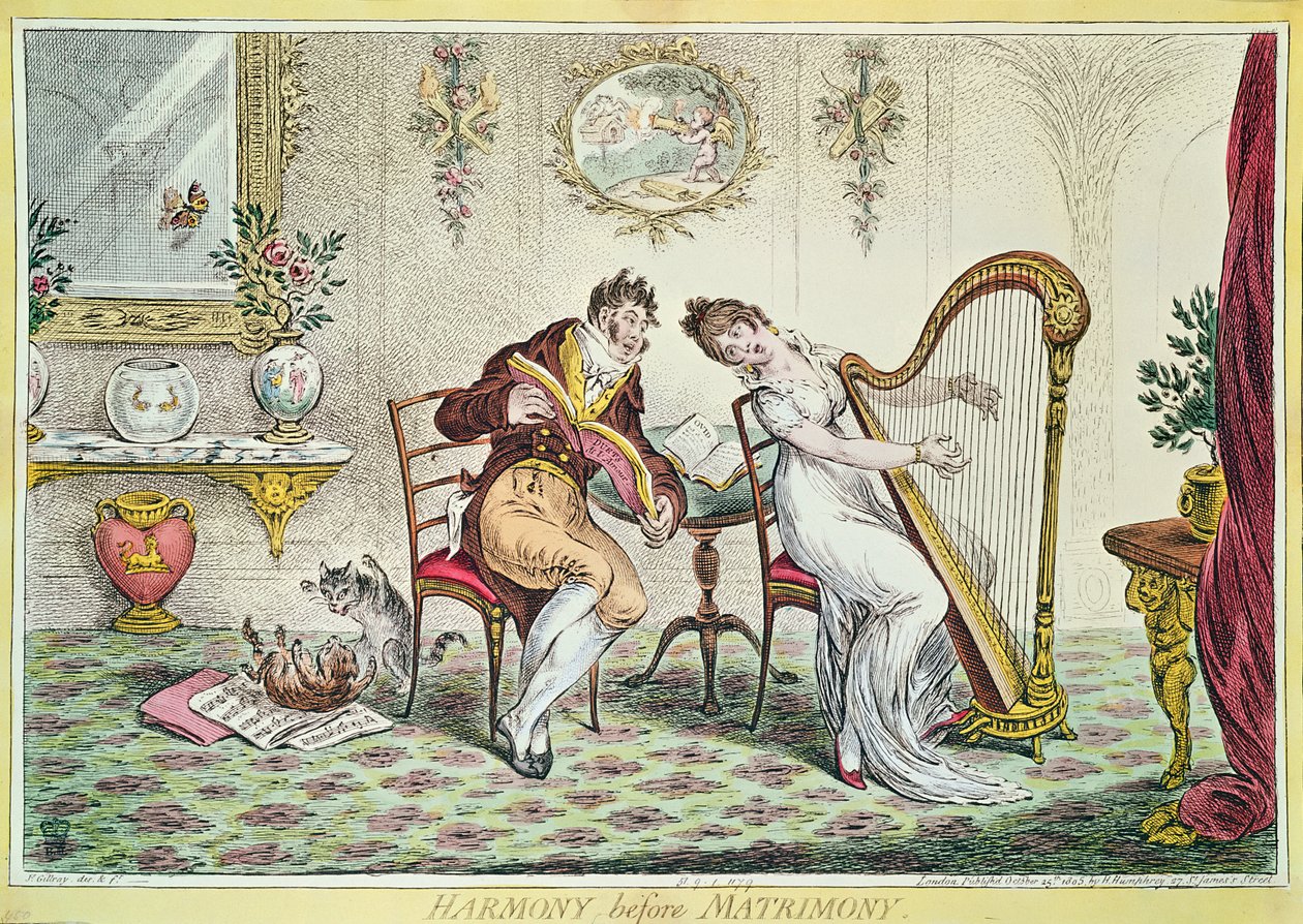 Harmonia przed ślubem, 1805 (kolor grawerowany) autorstwa James Gillray