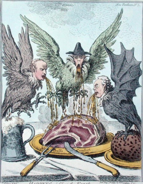 Harpyes Destroying the Feast, wydane przez Hannah Humphrey w 1799 (akwaforta ręcznie kolorowana) autorstwa James Gillray