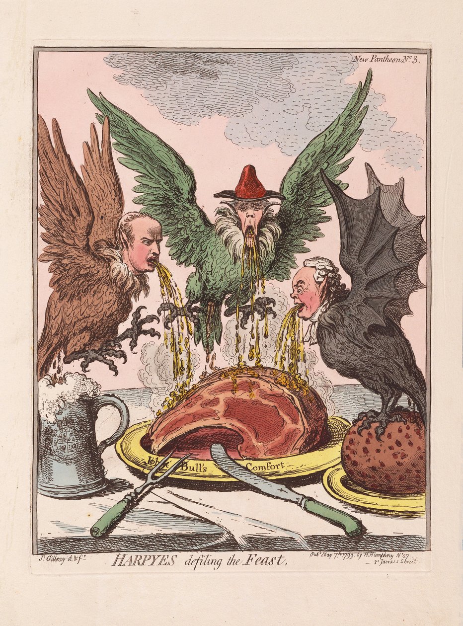 Harpie bezczeszczą święto, wyd. 1799 (ręcznie kolorowane grawerowanie) autorstwa James Gillray