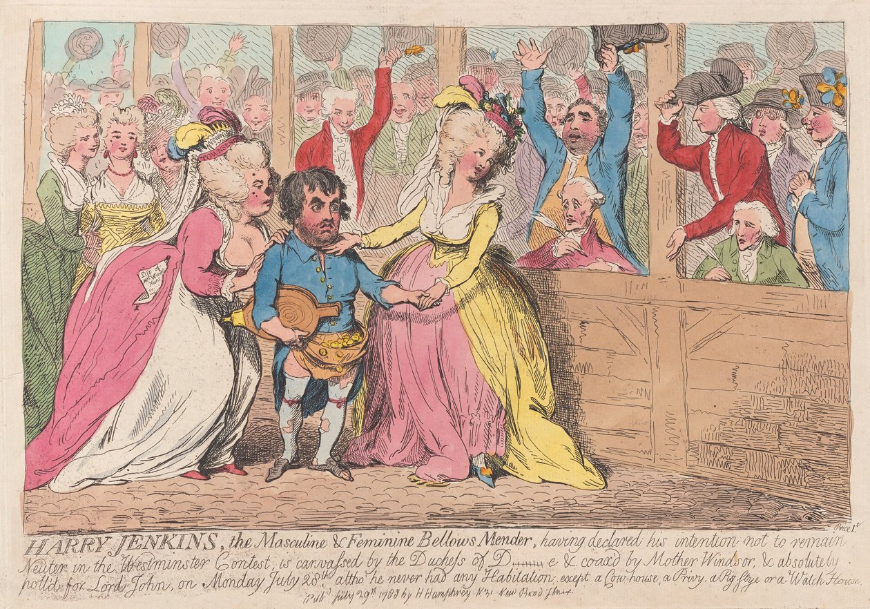 Harry Jenkins, Męski i żeński naprawiacz miechów, wyd. 1788 (grawerowanie ręcznie kolorowane) autorstwa James Gillray