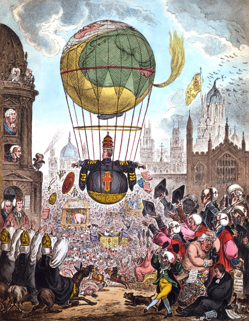 Steruje swoim lotem w górę, spoczywając na mrocznym powietrzu, które odczuwało niezwykłą wagę., 1810 autorstwa James Gillray
