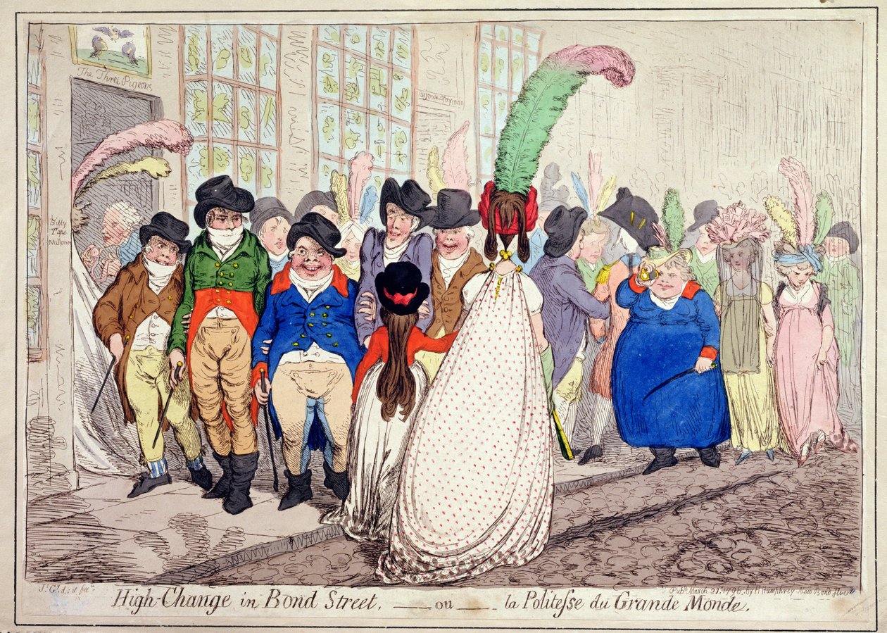 High Change in Bond Street, czyli La Politesse du Grande Monde, opublikowana przez Hannah Humphrey w 1796 r. (akwaforta ręcznie kolorowana) autorstwa James Gillray