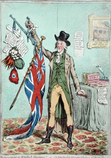 Improvement in Weights and Balances, czyli sir John Seeclear odkrywający równowagę flagi brytyjskiej, opublikowany przez Hannah Humphrey w 1798 r. (akwaforta ręcznie kolorowana) autorstwa James Gillray