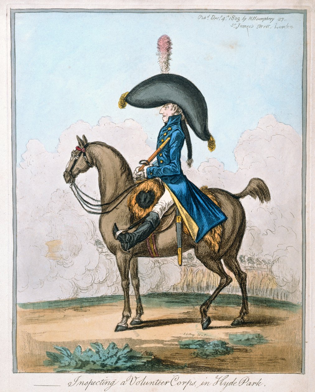 Inspecting a Volunteer Corps in Hyde Park, wydana przez Hannah Humphrey w 1803 roku (akwaforta ręcznie kolorowana) autorstwa James Gillray
