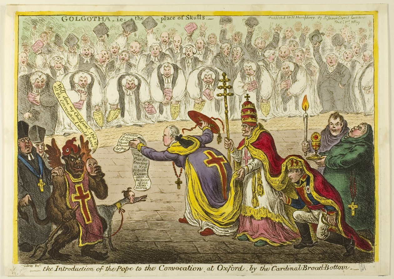 Wprowadzenie papieża do konwokacji w Oksfordzie przez kardynała Broad-Bottoma autorstwa James Gillray