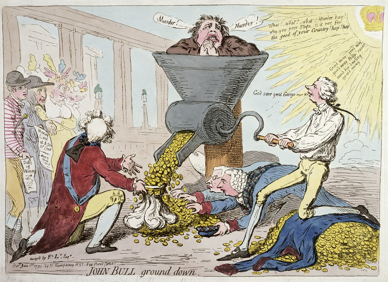 John Bull Ground Down, wydana przez Hannah Humphrey w 1795 r. (akwaforta ręcznie kolorowana) autorstwa James Gillray