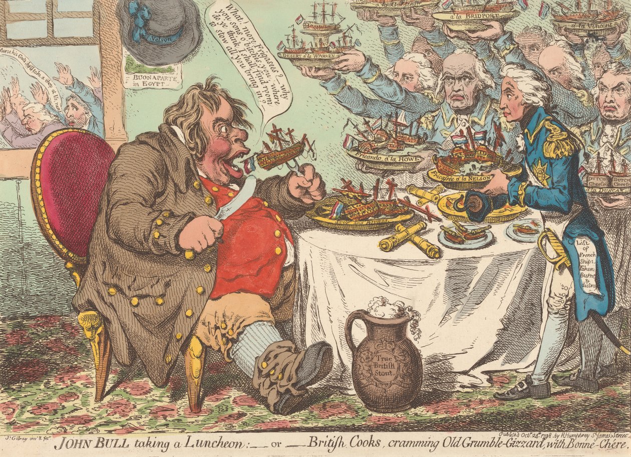 John Bull na lunchu - czyli - Brytyjscy kucharze napychają starego Zrzędę-Żołądka dobrym jadłem (z: Caricature, t. 1) autorstwa James Gillray