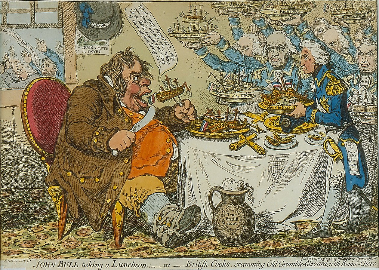 John Bull biorąc lunch, 1798 (kolorowa akwaforta) autorstwa James Gillray