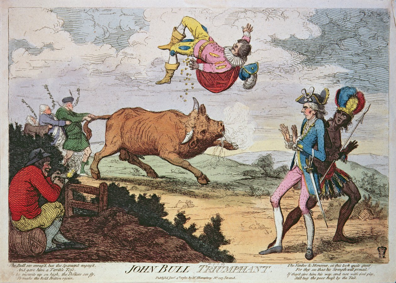 John Bull Triumphant, wyd. William Humphrey, 4 stycznia 1780 (kolorowa litografia) autorstwa James Gillray