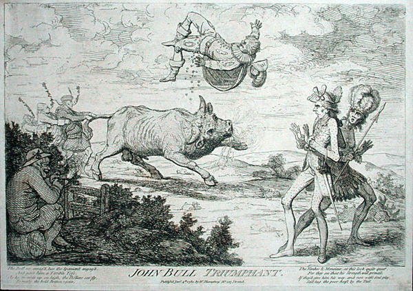 John Bull Triumphant, wydany przez Williama Humphreya w 1780 roku (akwaforta) autorstwa James Gillray