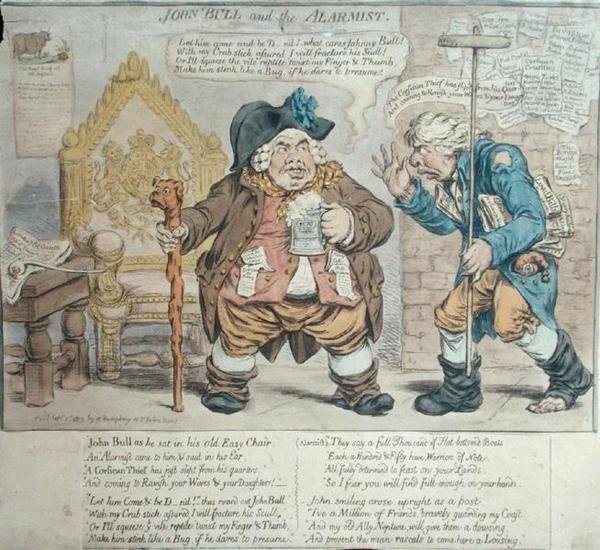 John Bull and the Alarmist, wydana przez Hannah Humphrey w 1803 r. (akwaforta ręcznie kolorowana) autorstwa James Gillray