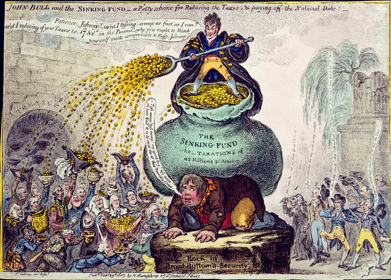 John Bull and the Sinking Fund or A Pretty Scheme for Reducing Taxes and Paying National Debt, opublikowany przez Hannah Humphrey w 1807 r. (akwaforta ręcznie kolorowana) autorstwa James Gillray