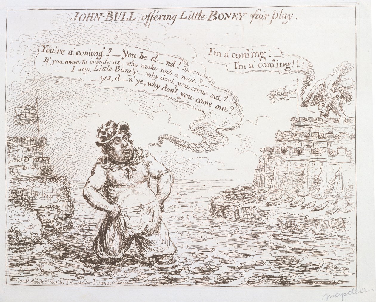John Bull oferujący grę fair play w Little Boney, opublikowany przez Hannah Humphrey w 1803 r. autorstwa James Gillray