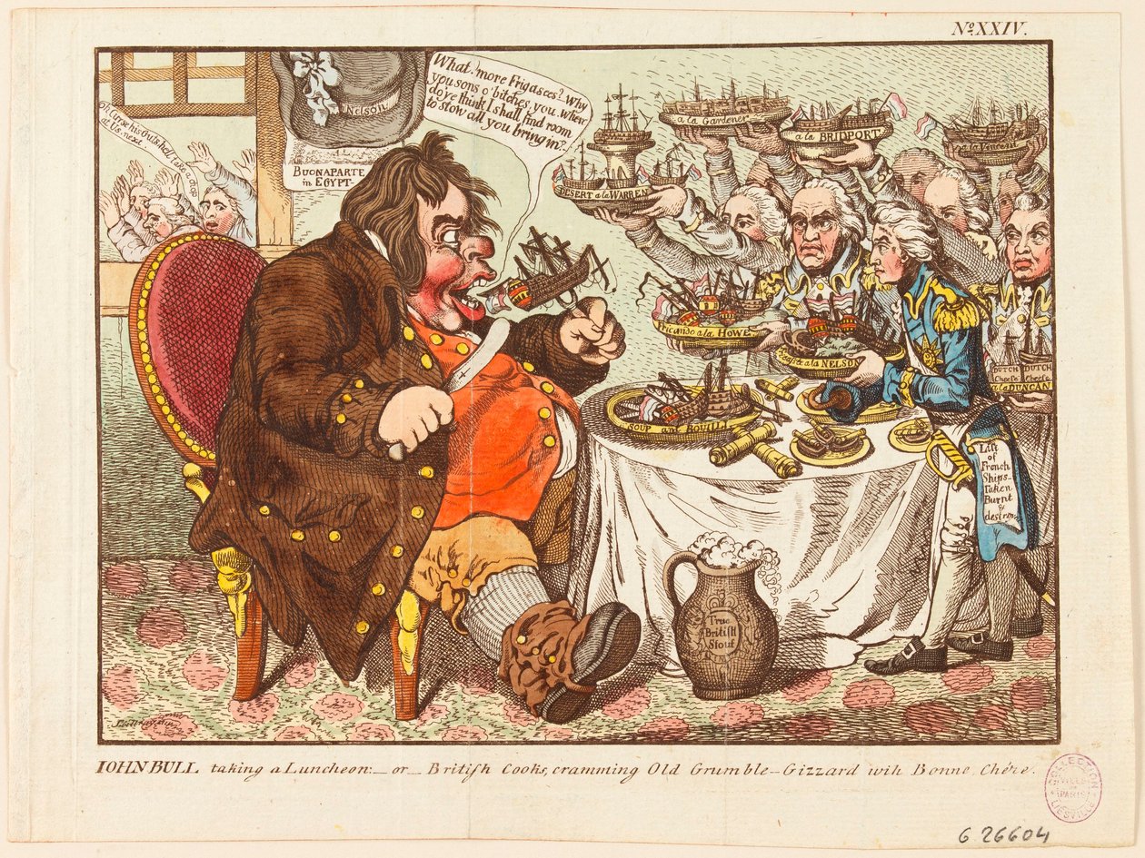 John Bull podczas lunchu: czyli brytyjscy kucharze, którzy nakarmiają starego zrzędę smakołykami autorstwa James Gillray