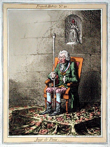 Juge de Paix, tablica 10 z „French Habits” wydanej przez Hannah Humphrey w 1798 roku (akwaforta kolorowa) autorstwa James Gillray