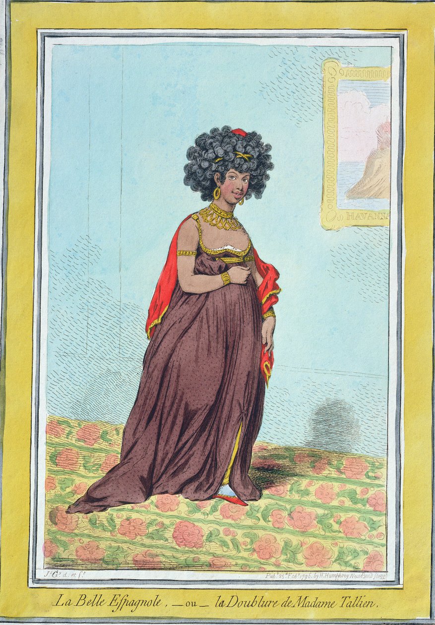 La Belle Espagnole lub La Doublure de Madame Tallien (1773-1835) opublikowana przez Hannah Humphrey w 1796 (akwaforta ręcznie kolorowana) autorstwa James Gillray